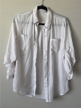 EXPRESS Sheer White Button-Up Blouse with Beaded Trim